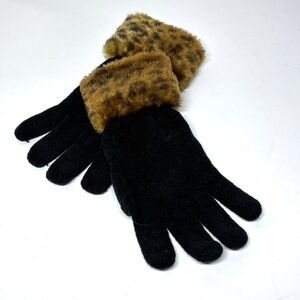 Knit Gloves Women One‎ Size Black Excellent Leopard Faux Fur Trim RM87227
